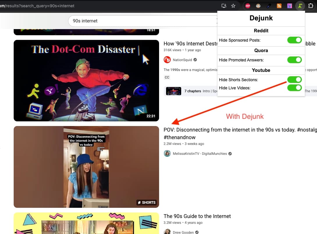 A screenshot of the Dejunk Chrome extension in action, blocking Shorts sections on YouTube from appearing for the user