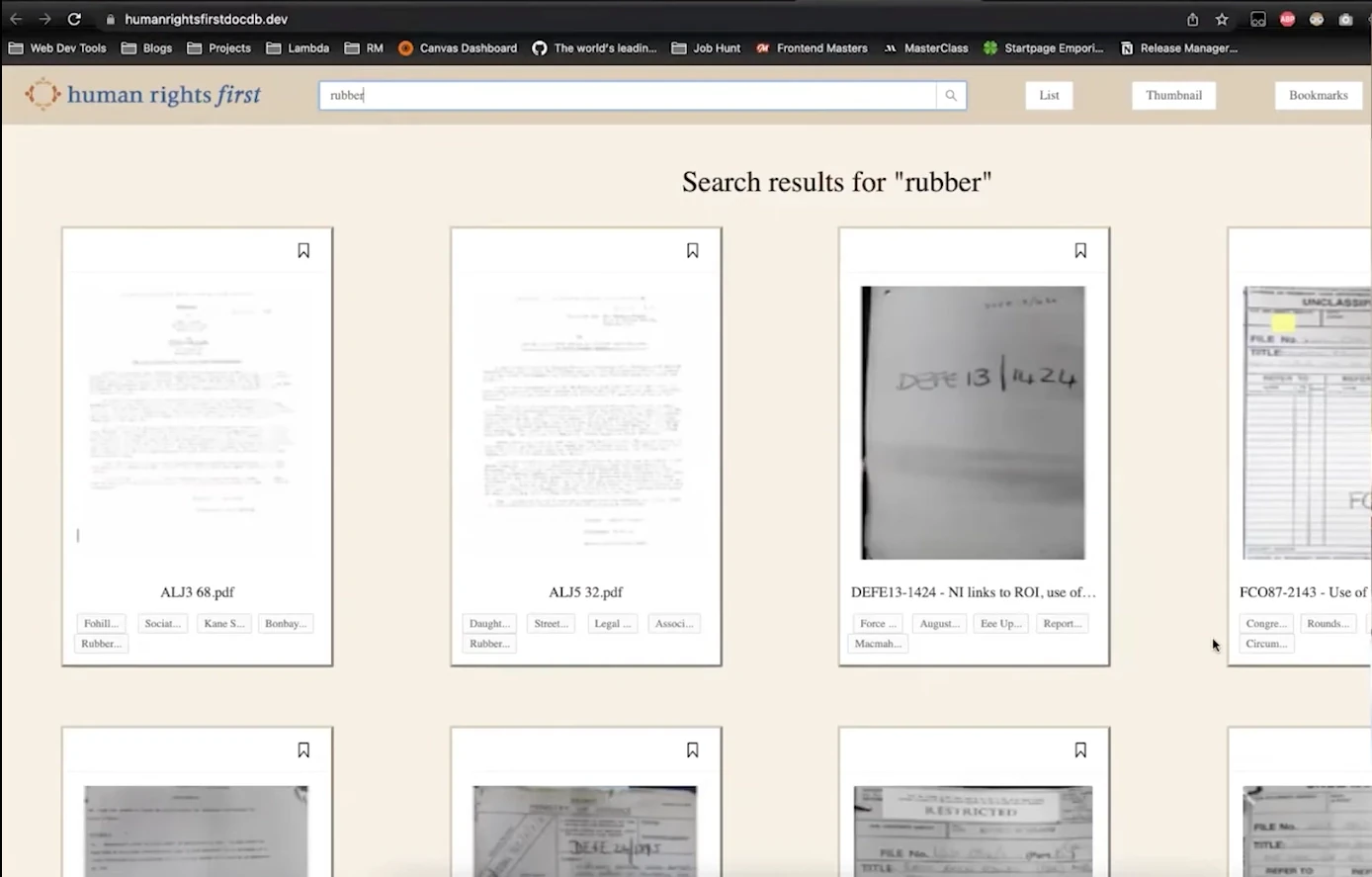 A screenshot of the HRF DocDB project, showing me as lead developer demoing the project dashboard, listing documents surfaced by a user search