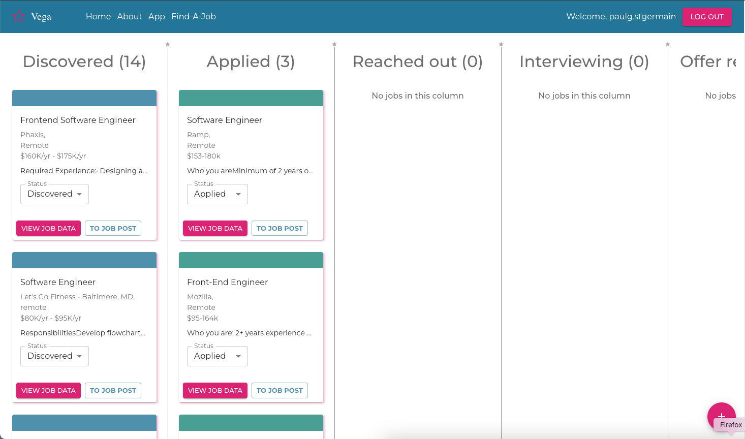 A screenshot of the Vega app dashboard, showing columns containing cards with job listing information